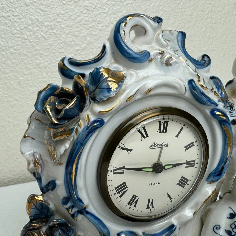 Vintage  Victorian Porcelain Figurines Blue & White & Gold Alarm Clock